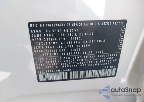 2022 Volkswagen Tiguan 2.0T Se R-Line Black из США, поврежденный, VIN 3VVCB7AX0NM124609